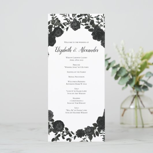 Witte en zwarte Roos Gothic Wedding Programs Menu (Staand voorkant)