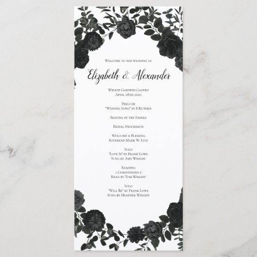 Witte en zwarte Roos Gothic Wedding Programs Menu (Voorkant)