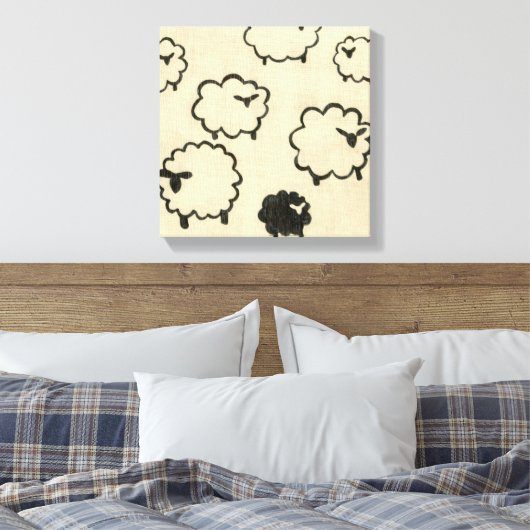 Witte en zwarte schapen op de achtergrond van Crea Canvas Afdruk (Insitu (Slaapkamer))