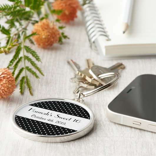 Witte en zwarte stippen, gedopt, gezoet 16 sleutelhanger (Zijkant)