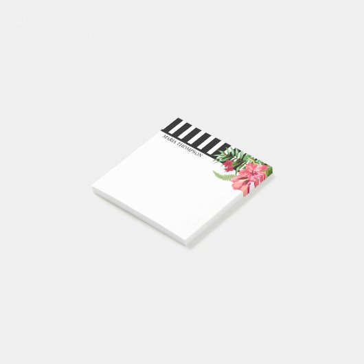 Witte en zwarte strepen en exotische bloemen post-it® notes (Schuin)