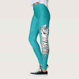 Witte en Zwarte Tijger op Blauwgroen, Turquoise Bl Leggings