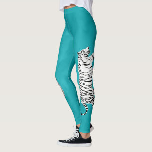 Witte en Zwarte Tijger op Blauwgroen, Turquoise Bl Leggings