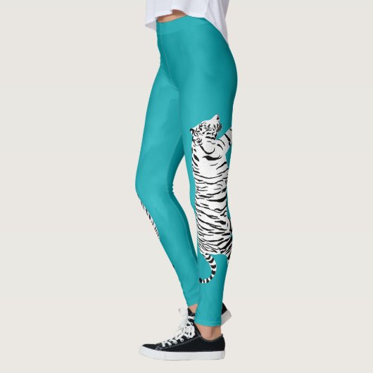 Witte en Zwarte Tijger op Blauwgroen, Turquoise Bl Leggings (Links)