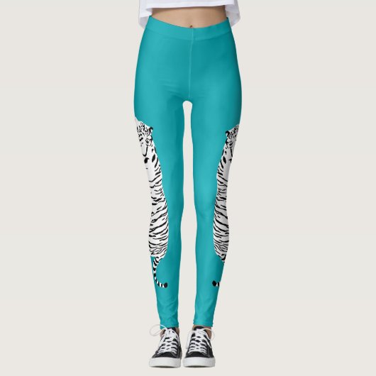 Witte en Zwarte Tijger op Blauwgroen, Turquoise Bl Leggings (Voorkant)