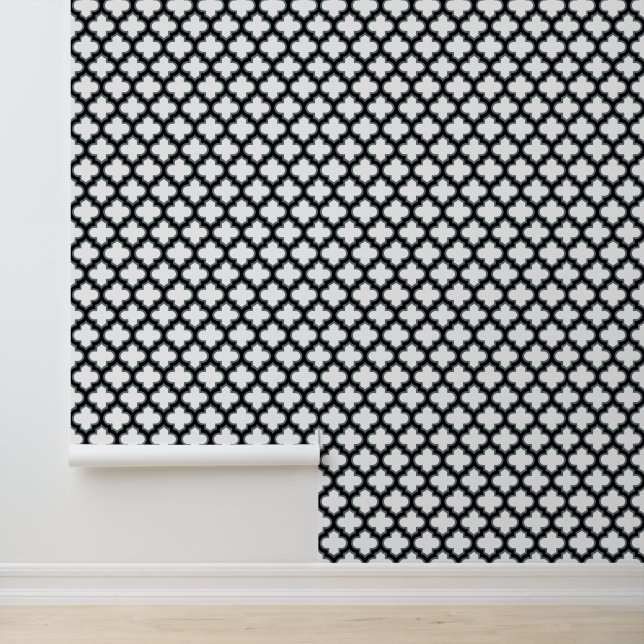 Witte en zwarte trellis, lattice, quatrefoil behang (Applicatie)
