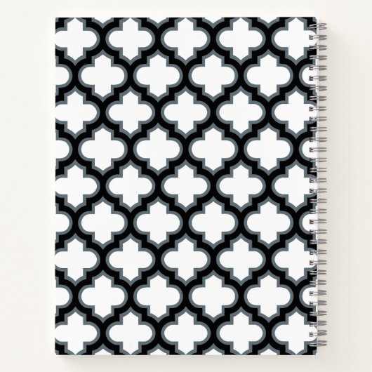 Witte en zwarte trellis, lattice, quatrefoil notitieboek (Achterkant)