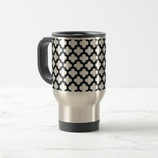 Witte en zwarte trellis, lattice, quatrefoil reisbeker (Voorkant links)