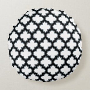 Witte en zwarte trellis, lattice, quatrefoil rond kussen