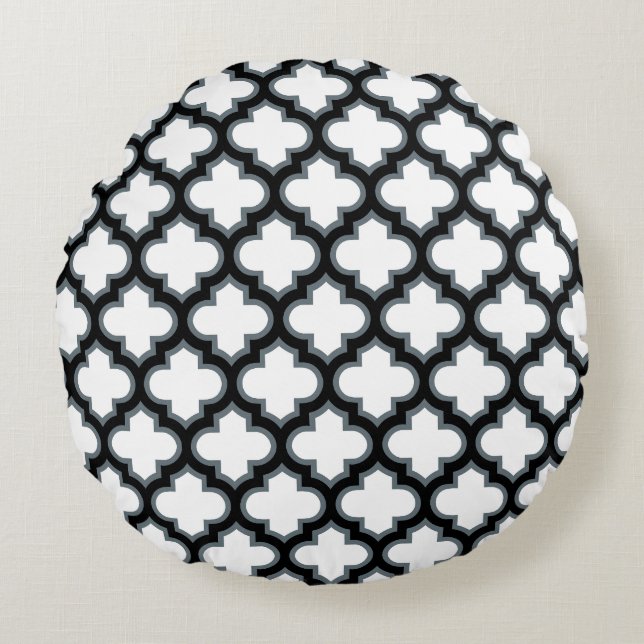 Witte en zwarte trellis, lattice, quatrefoil rond kussen (Voorkant)