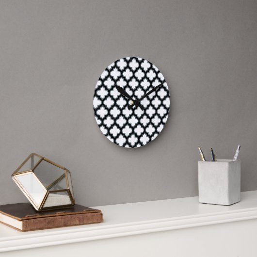 Witte en zwarte trellis, lattice, quatrefoil ronde klok (Kantoor)