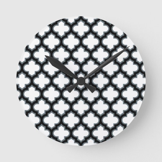 Witte en zwarte trellis, lattice, quatrefoil ronde klok (Voorkant)