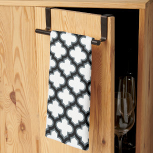 Witte en zwarte trellis, lattice, quatrefoil theedoek