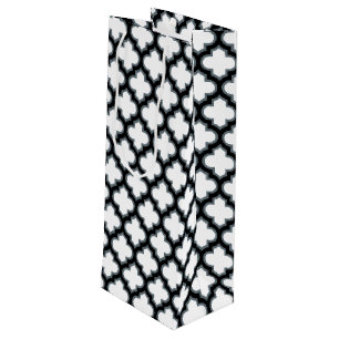 Witte en zwarte trellis, lattice, quatrefoil wijn cadeautas