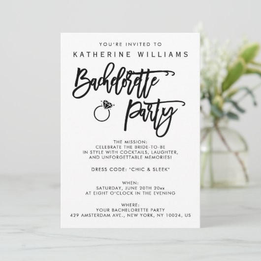 Witte en zwarte vrijgezellenfeest uitnodiging (Staand voorkant)