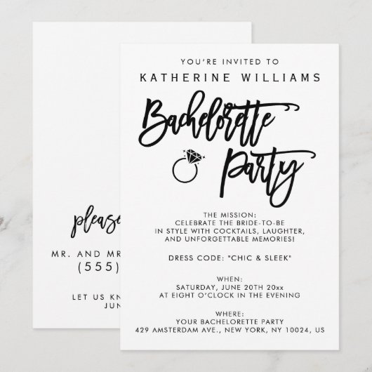 Witte en zwarte vrijgezellenfeest uitnodiging (Voorkant / Achterkant)