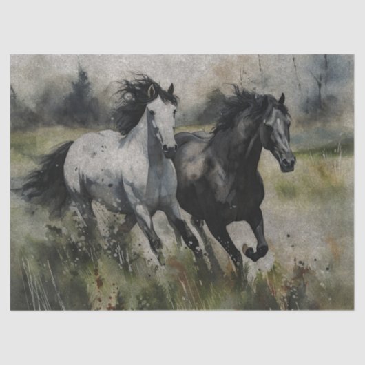 Witte en Zwarte Wilde Paarden Decoupage Tissuepapier (Voorkant)