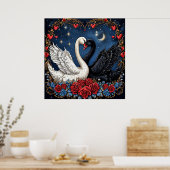 Witte en zwarte zwanen met harten en Rozen Poster (Keuken)