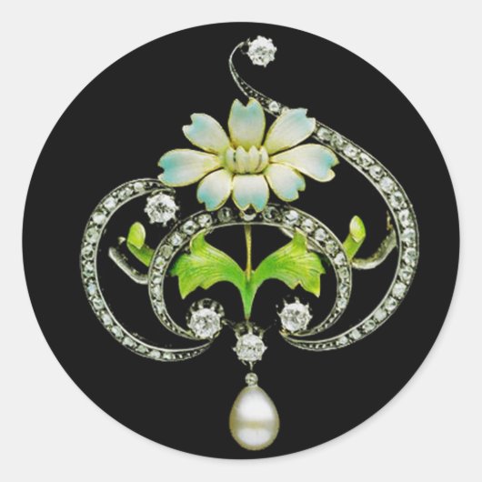 WITTE ENAMELSTROOM, PEARLS EN DIAMONDS JEWEL RONDE STICKER (Voorkant)