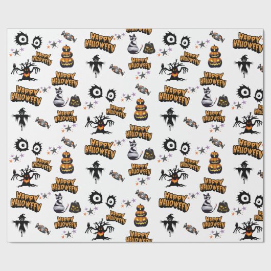 Witte Enge Halloween Ogen Pompoen Kat Cadeaupapier (Vlak)