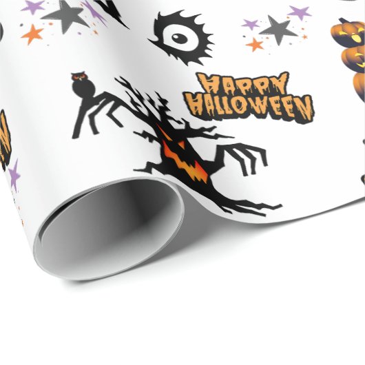 Witte Enge Halloween Ogen Pompoen Kat Cadeaupapier (Rol Hoek)