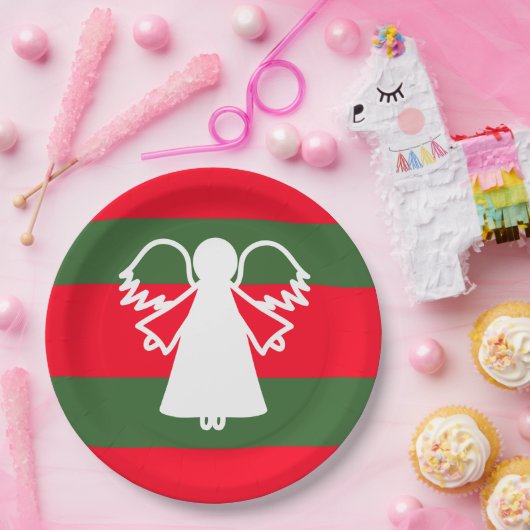 Witte Engel Vleugels Rood Donkergroene strepen Vak Papieren Bordje (Feest)