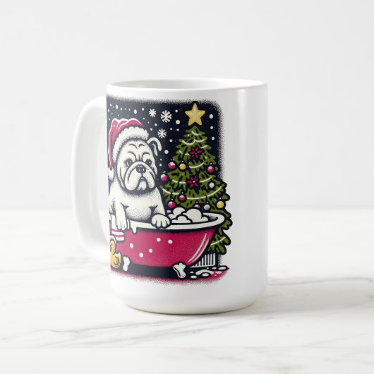 Witte Engelse Bulldog Bath Christmas Coffee Mok (Voorkant links)