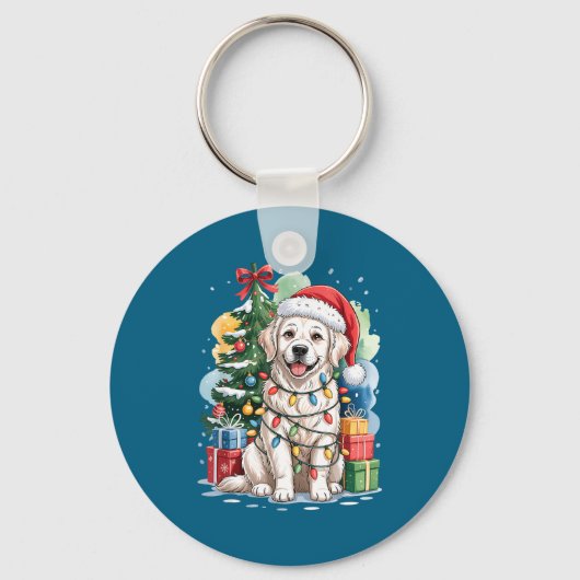 Witte Engelse Golden Retriever Kerstman Hoed Kerst Sleutelhanger (Voorkant)