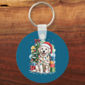 Witte Engelse Golden Retriever Kerstman Hoed Kerst Sleutelhanger (Voorkant)