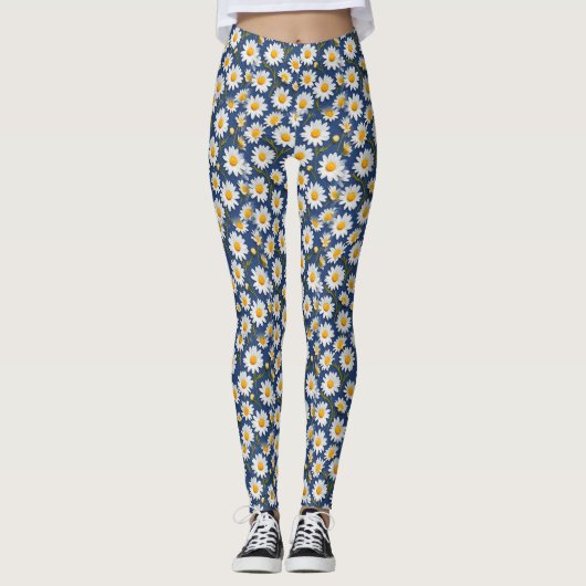 Witte Engelse madeliefjes op blauw Leggings (Voorkant)