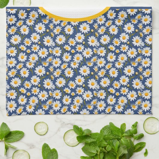 Witte Engelse madeliefjes op blauw Theedoek (Gevouwen)