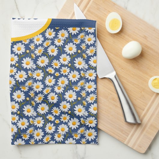 Witte Engelse madeliefjes op blauw Theedoek (Quarter Fold)