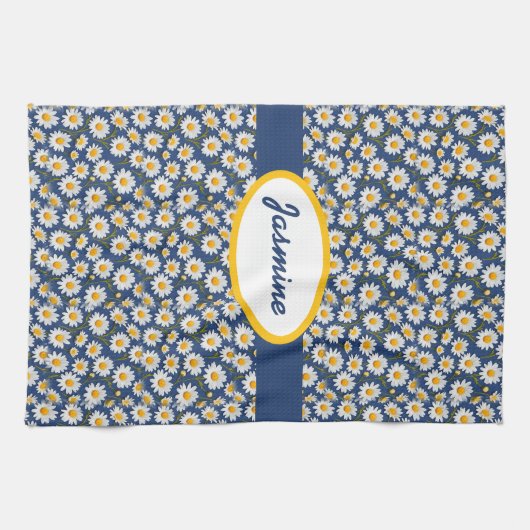 Witte Engelse madeliefjes op blauw Theedoek (Horizontaal)