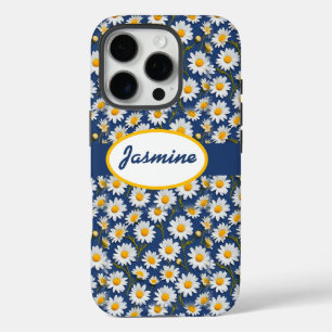 Witte Engelse madeliefjes op donkerblauw iPhone 16 Pro Hoesje