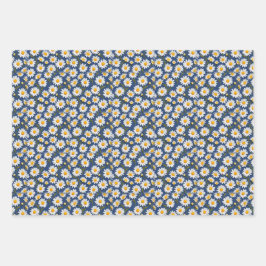 Witte Engelse madeliefjes op donkerblauw Inpakpapier Vel