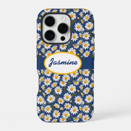 Witte Engelse madeliefjes op donkerblauw iPhone Hoesje (Achterkant)