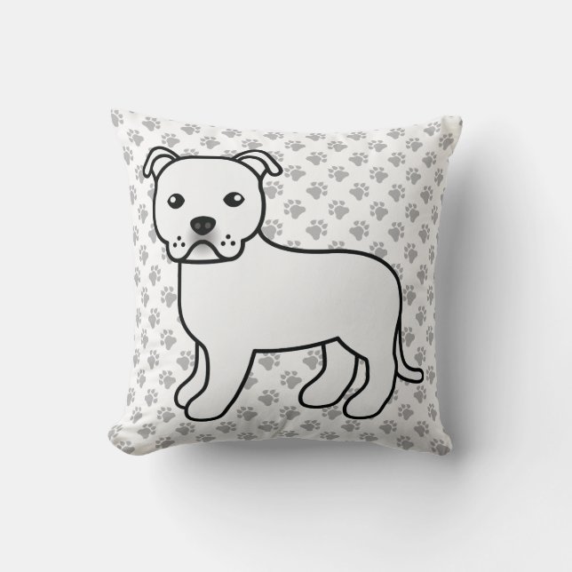 Witte Engelse Staffie Schattige Cartoon Hond & Pot Kussen (Voorkant)