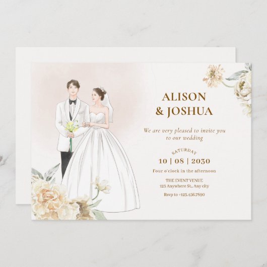 Witte esthetische paar bruiloft kaart (Voorkant / Achterkant)