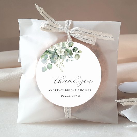 Witte Eucalyptus Bloemige Bruiloftsdankjeshouder S Ronde Sticker