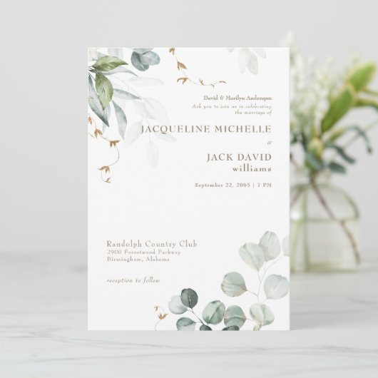 Witte Eucalyptus Elegance Bruid Ouders Bruiloft Kaart (Staand voorkant)