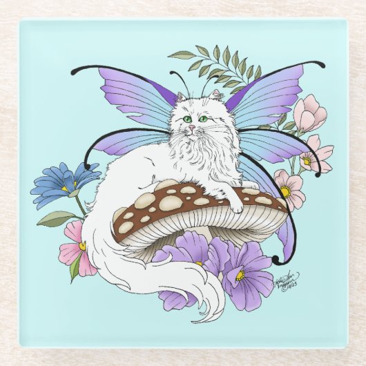 Witte Fairy Kat Paddestoel Glazen Onderzetter (Voorkant)