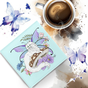 Witte Fairy Kat Paddestoel Glazen Onderzetter