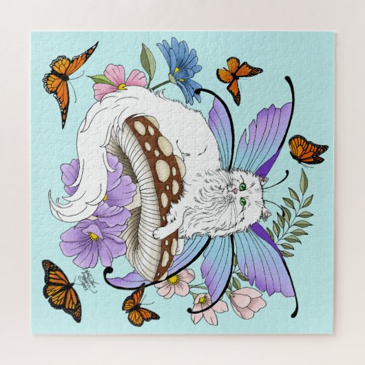 Witte Fairy Kat Paddestoel Legpuzzel (Horizontaal)