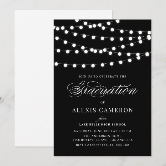 Witte Fairy Lights Zwart Graduation Party Kaart (Voorkant / Achterkant)