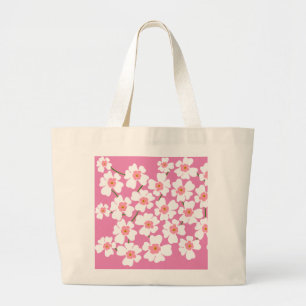 Witte Fantasie Bloemen Patroon Roze Grote Tote Bag