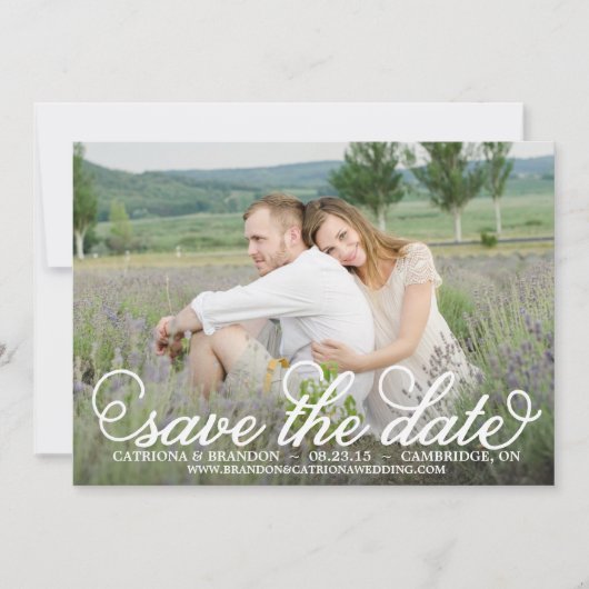 Witte fantasie script save the date aankondiging (Voorkant)