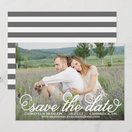 Witte fantasie script save the date aankondiging (Voorkant / Achterkant)