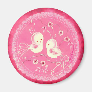 Witte Fantasie Vogels met Bloemen & Kant Rand Magneet