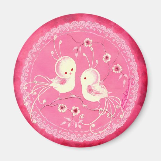 Witte Fantasie Vogels met Bloemen & Kant Rand Magneet (Voorkant)