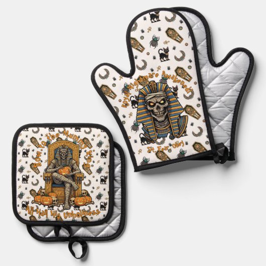 🤍 Witte Farao Mummy Oven Mitts 🎃🔥 Ovenwant & Pannenlap Set (Voorkant / Achterkant)